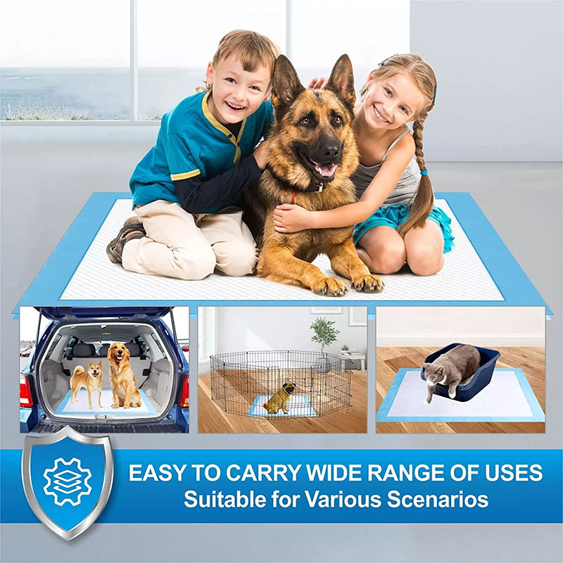 Product Features: 【 High-Quality Materials & All Day Protection】honey pet dog training pads use premium materials, the upgraded pet pads for dogs are of excellent quality and resistant to scratch and tear. Our pee pads for puppies can be used for at least one day. You no longer have to worry about the floor or furniture being damaged by pet urine. 【Super Absorbent & Quick Drying】muliti-layer protection design makes our thickened regular and large dog training pads much more absorbent than most wee pee pads for dogs on the market. The dog potty training pad uses new premium material perforated film as the top layer of the puppy pad which can speed up the liquid to pass through the surface than common non-woven fabric and keep the surface quick-drying, comfortable, no puddling, and no tracking. 【Leak-proof Protection to Keep Your Home Clean】Each dog pee pad features the new upgraded plastic backing (thickened PE film) which is much more leak-proof, tear-resistant, and durable than most pet pee pads on the market as the last layer of the puppy pee training pads. It can protect your floors, carpets, sofas, chairs, mattresses, furniture, etc. from urine damage by blocking leaks. It holds up to 5 cups of liquid. 【Materials】Non-woven+Tissue+Fluff(SAP)+Tissue+PE Film Product Parameters: 【size】40x60cm 50pcs/bag;60x60cm 40pcs/bag;60x90cm 25pcs/bag;customized 【package】customized 【color】Blue; White; Green; Pink;customized FAQ: Q: Can I make my own package? Yes, we support OEM/ODM. We can make your own brand or package based on your package file. Q: Why we can choose you? 1): Reliable---we are experienced in pet products export 2)2): Professional---we offer the pet products exactly you want 3)3): Factory---we have a factory, so have a reasonable price Q: How about the shipping cost? We have a long time cooperated with courier/forwarder/agent to provide different shipping methods according to customers' quantity and budget plans. Q: How about the price? Can you make it cheaper?The price depends on the item your demand(model, size, quantity) Best quotation after receving full description of the item you want.12